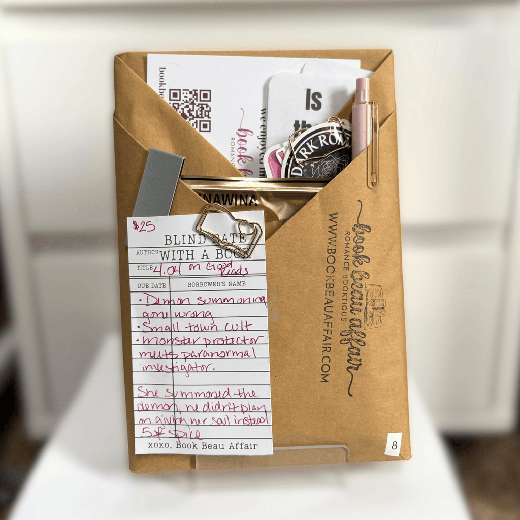 Blind Date with a Book. Mystery Book Wrapped in brown craft paper with a pen, stickers, bookmarks and other goodies