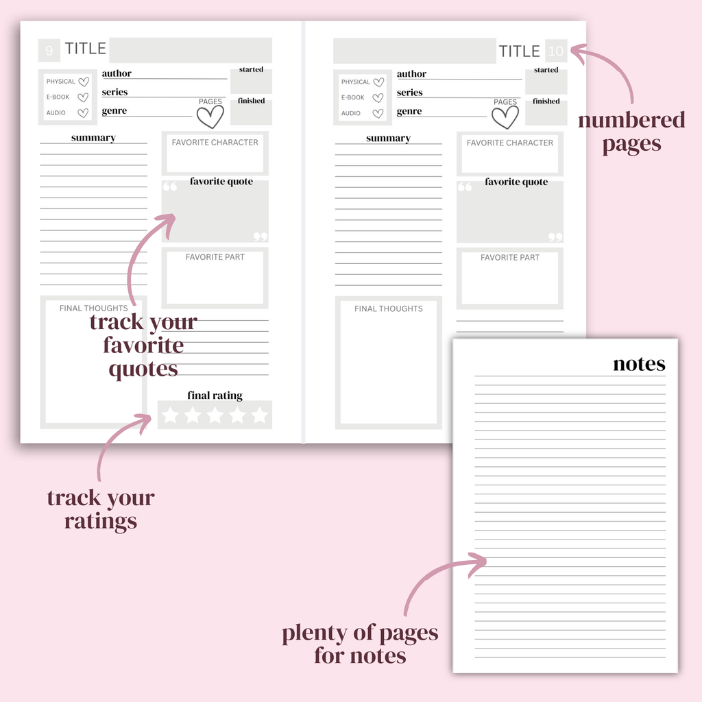 Set of book reading logs with various sections on a pink background