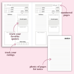 Set of book reading logs with various sections on a pink background