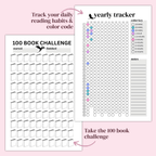Two book review pages on a pink background, one for tracking daily reading habits and the other for yearly reading tracker.