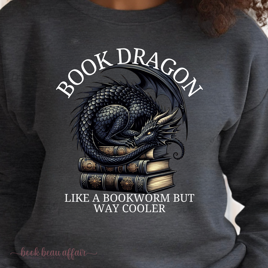 Close up of Book Dragon, Like a bookworm but way cooler, Dragon Sweatshirt Dark Gray