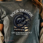 close up of Book Dragon Like a Bookworm But Way Cooler, Dragon Tshirt, Bookish tee, Dark Gray, Heather