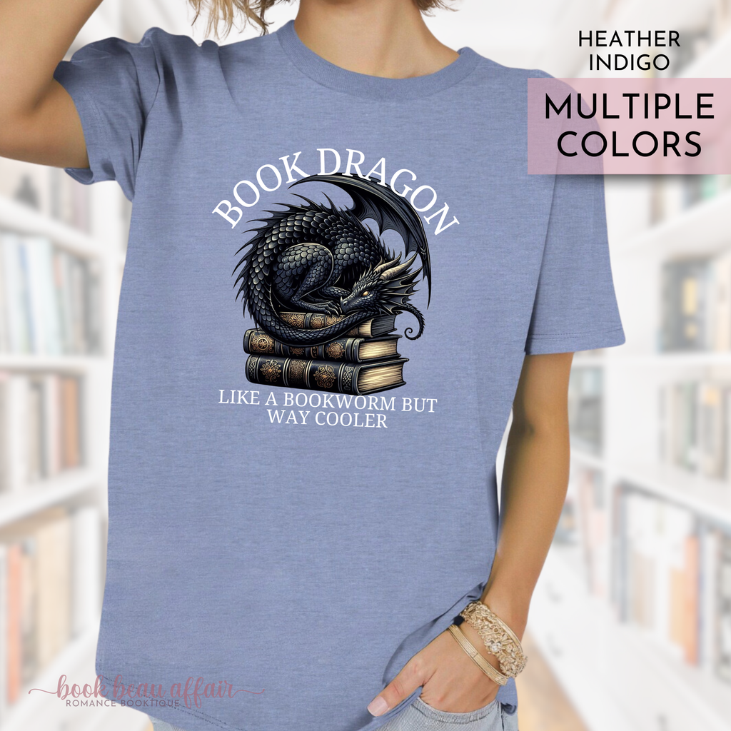 Book Dragon Like a Bookworm But Way Cooler, Dragon Tshirt, Bookish tee, heather indigo blue