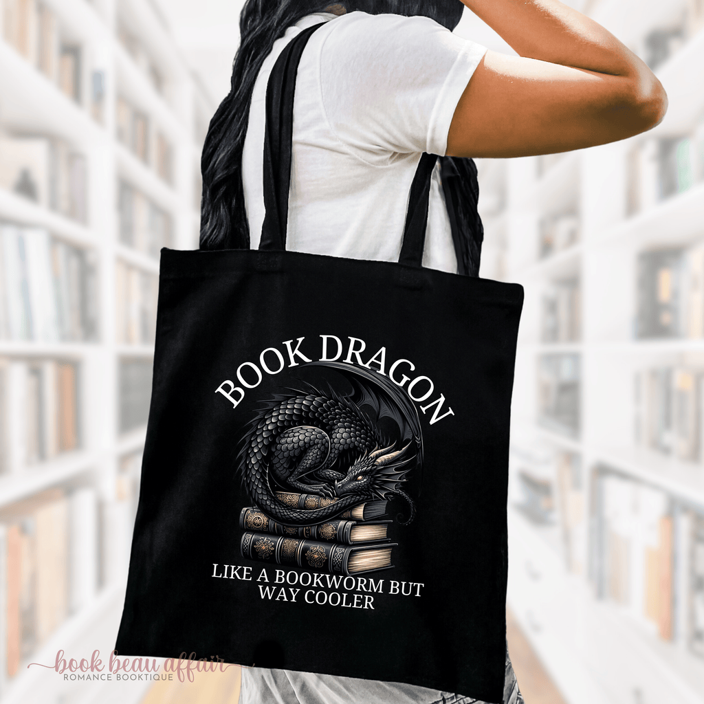 Book Dragon Like a Bookworm But Way Cooler, Dragon tote bag, Bookish tote bag, tote bag for books, dragon tote bag, black