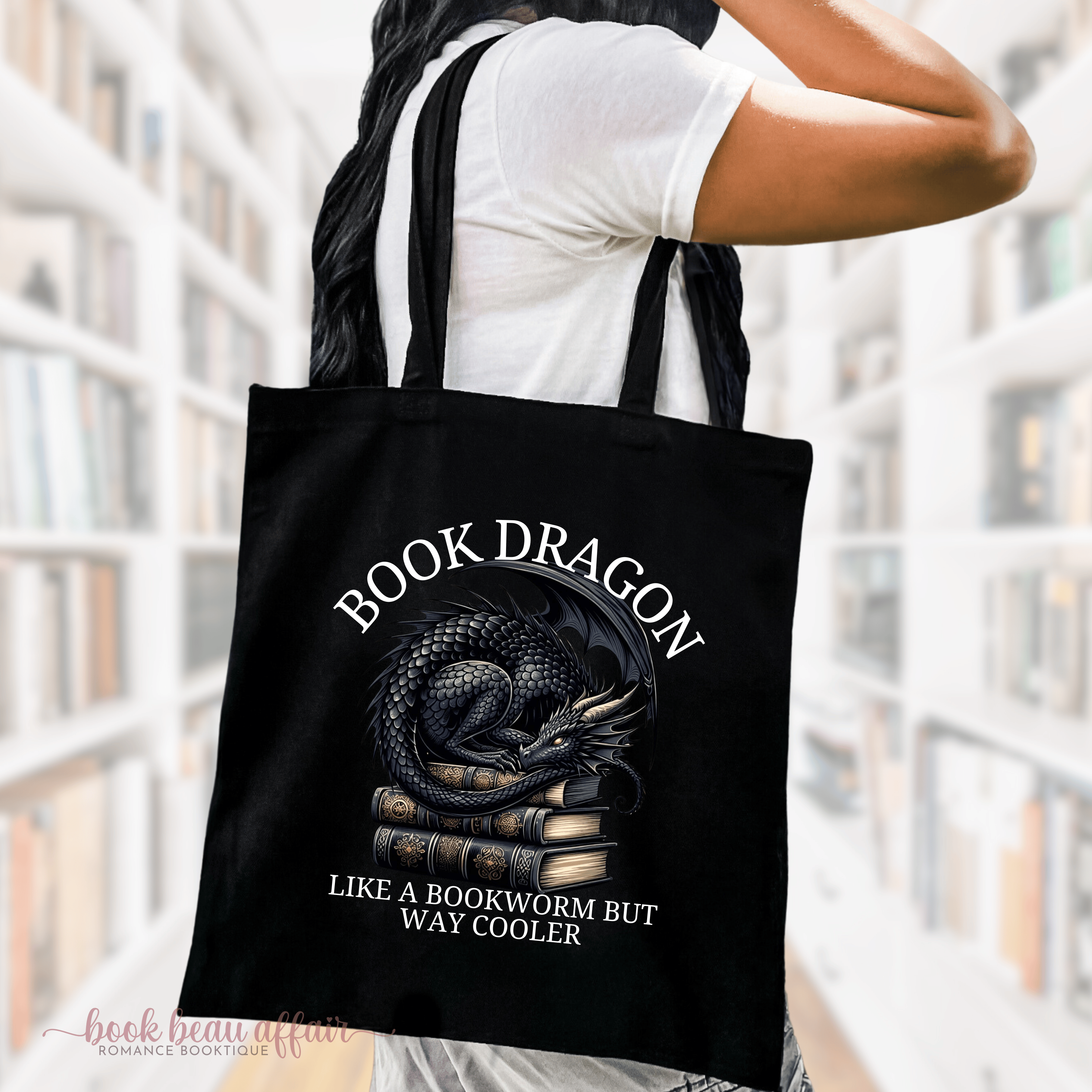 Book Dragon Like a Bookworm But Way Cooler, Dragon tote bag, Bookish tote bag, tote bag for books, dragon tote bag, black