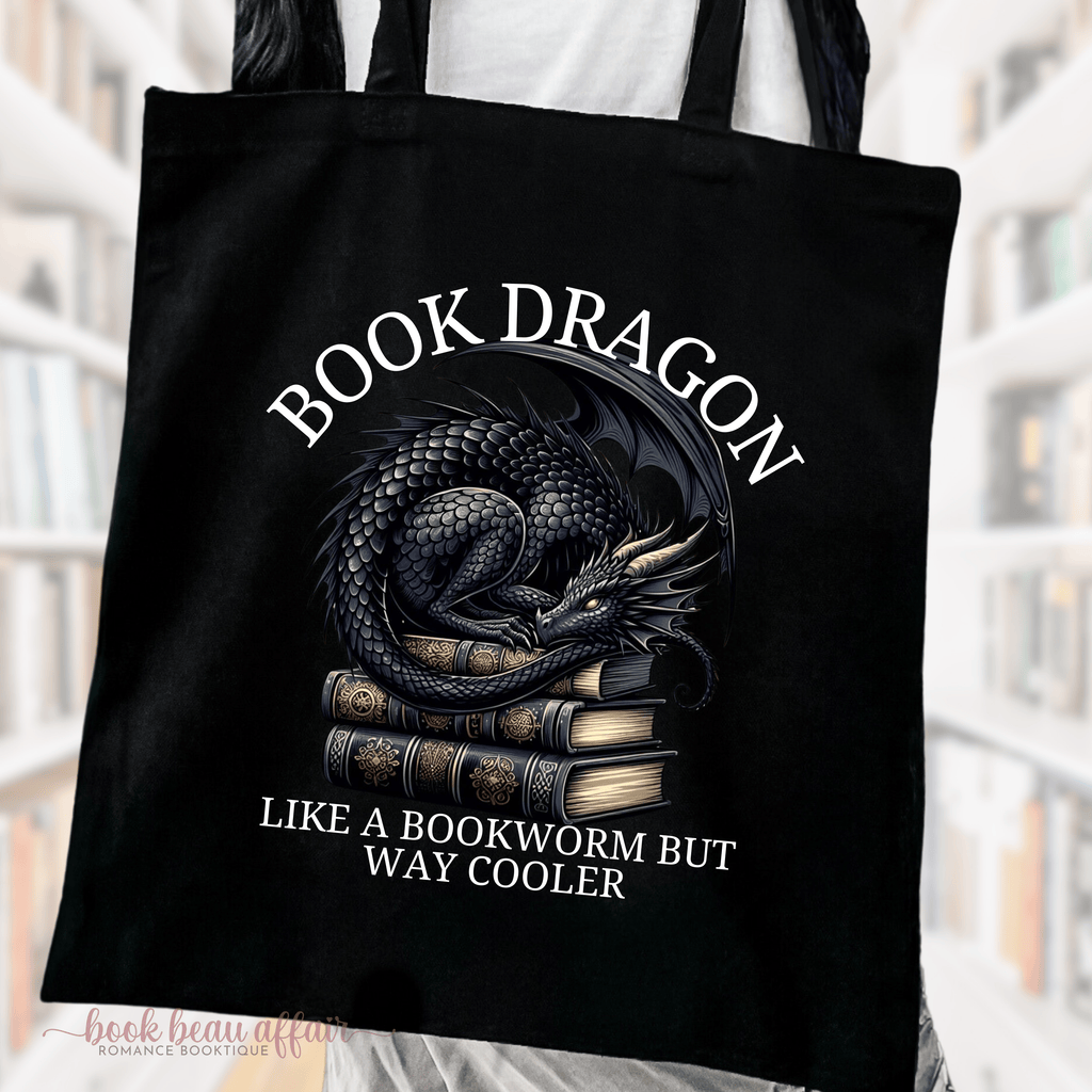 close up of Book Dragon Like a Bookworm But Way Cooler, Dragon tote bag, Bookish tote bag, tote bag for books, dragon tote bag, black
