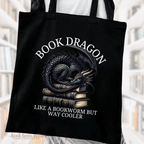 close up of Book Dragon Like a Bookworm But Way Cooler, Dragon tote bag, Bookish tote bag, tote bag for books, dragon tote bag, black