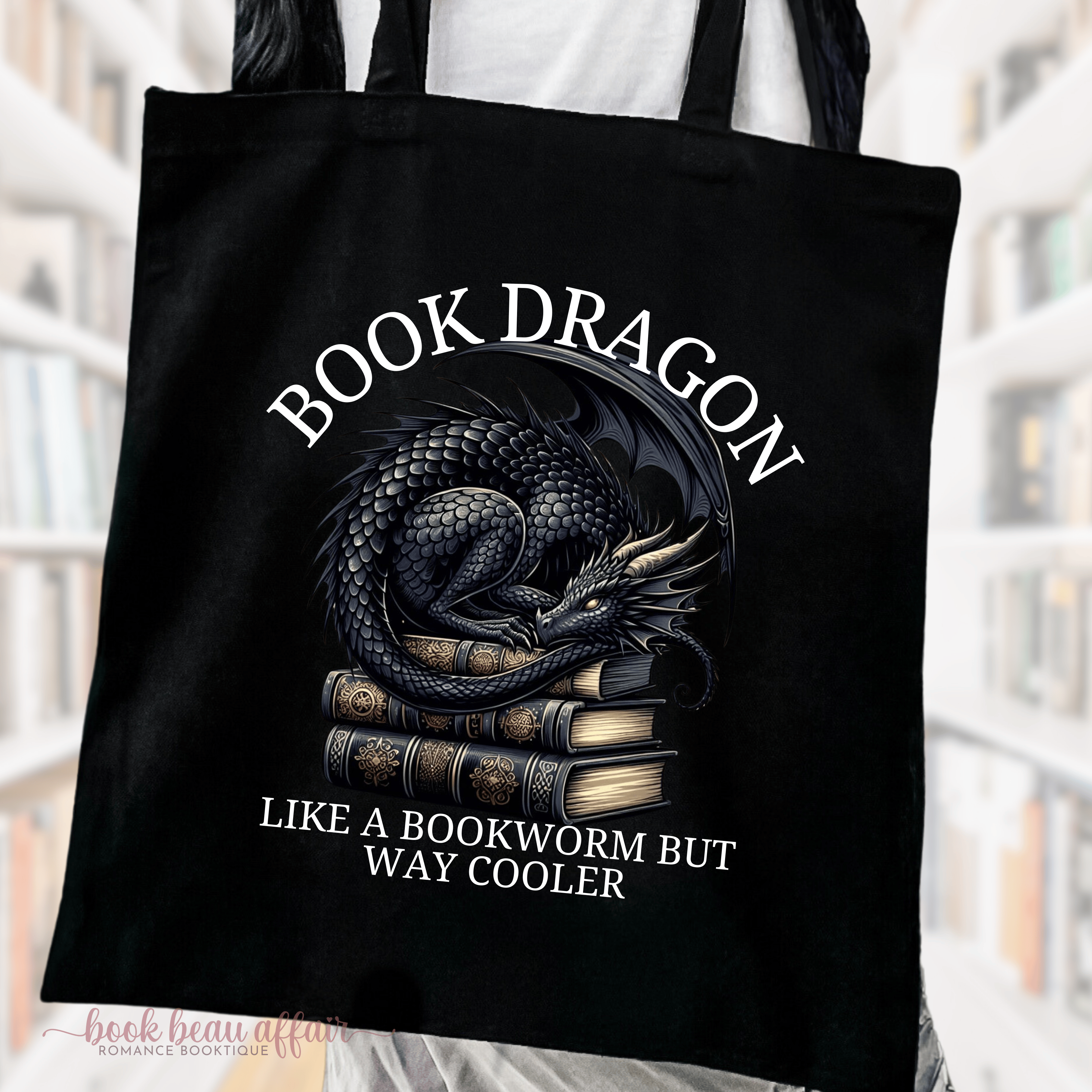 close up of Book Dragon Like a Bookworm But Way Cooler, Dragon tote bag, Bookish tote bag, tote bag for books, dragon tote bag, black