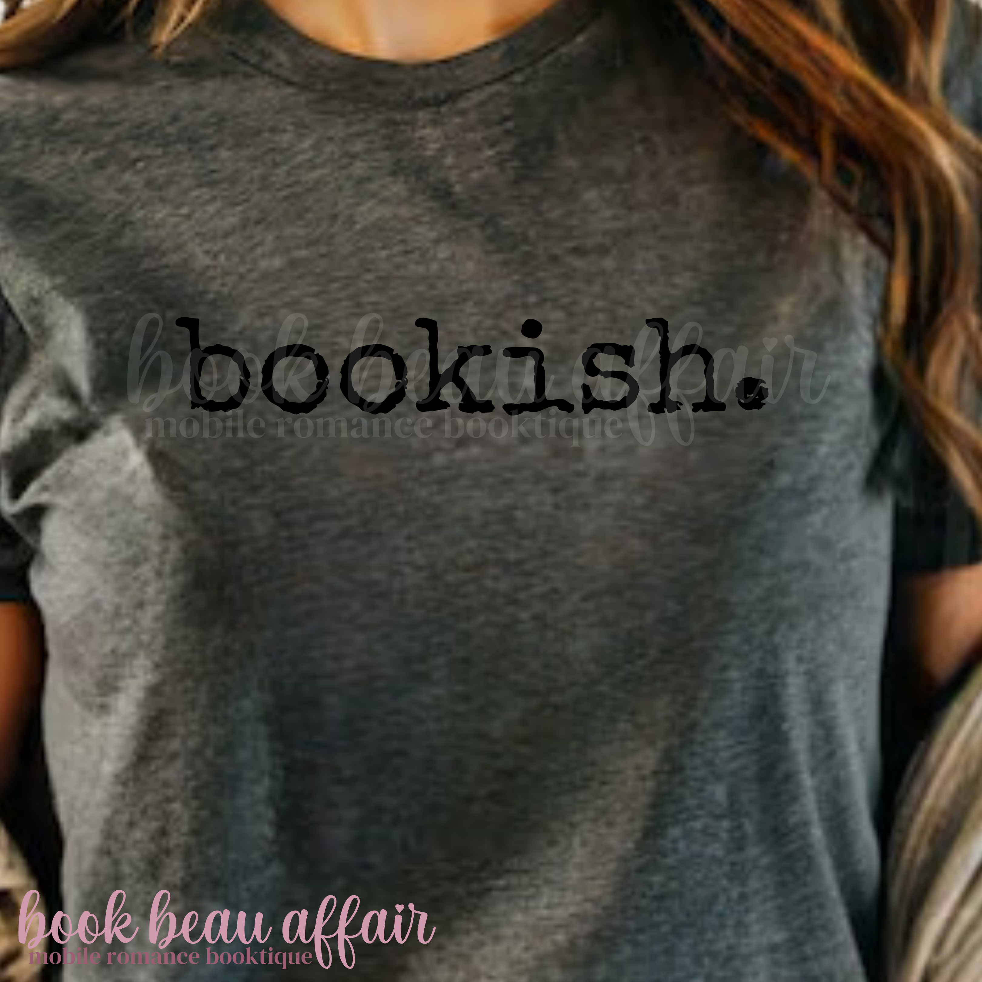 Gray t-shirt with 'bookish.' text worn by a person