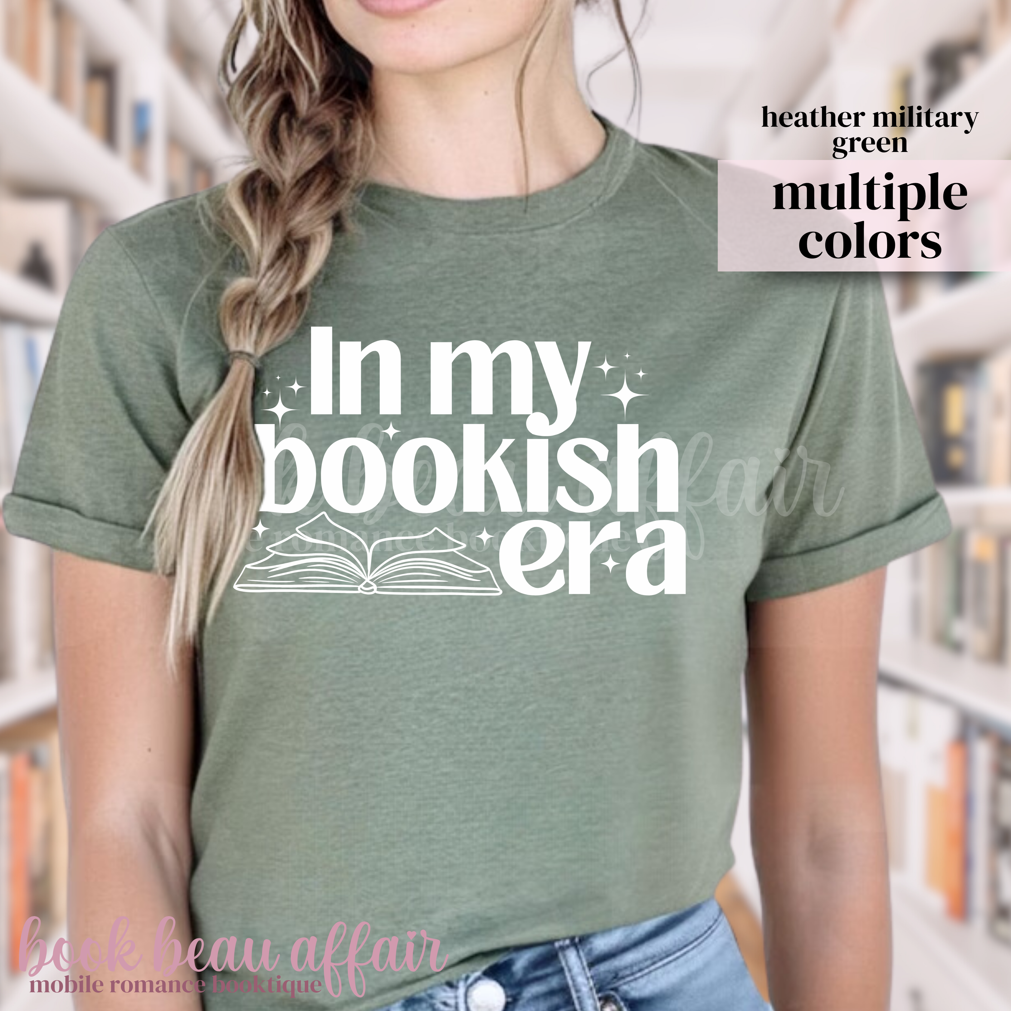 Person wearing a green t-shirt with 'In my bookish era' text in a library setting