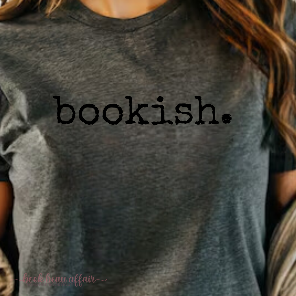 close up of Bookish. Heather Dark Gray shirt, book lover tee