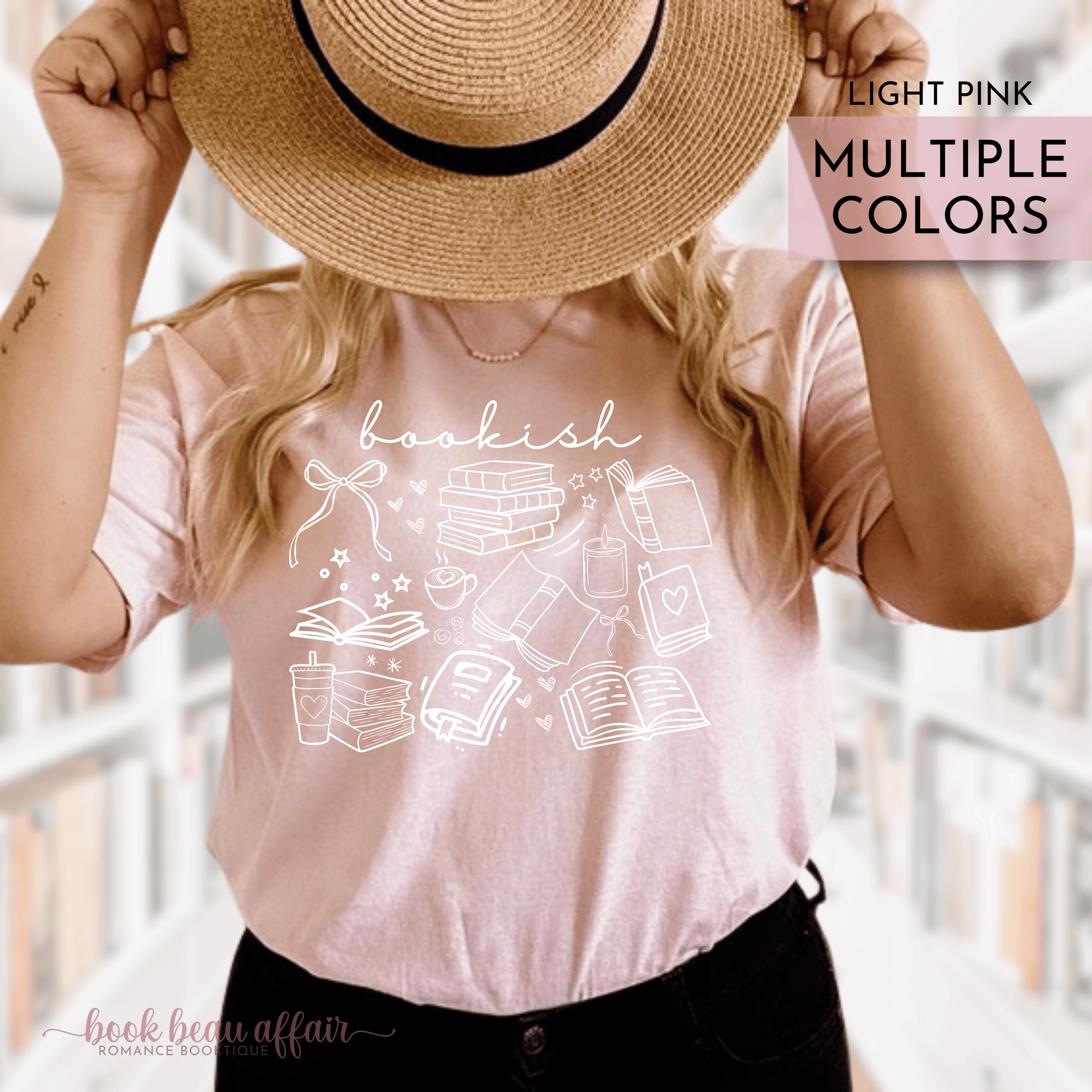 Bookish doodle t-shirt featuring hand-drawn book illustrations and "bookish" text on soft cotton tee. Light Pink