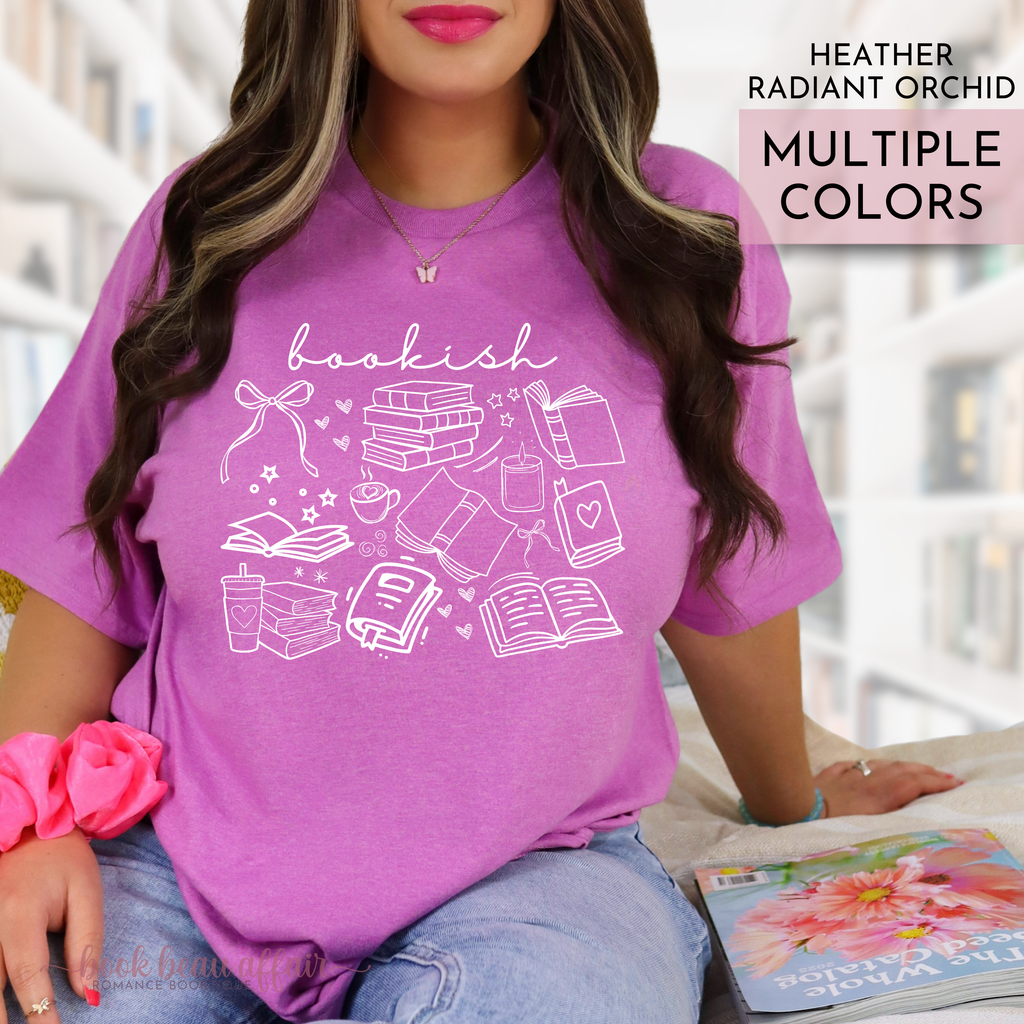 Bookish doodle t-shirt featuring hand-drawn book illustrations and "bookish" text on soft cotton tee. Heather Radiant Orchid