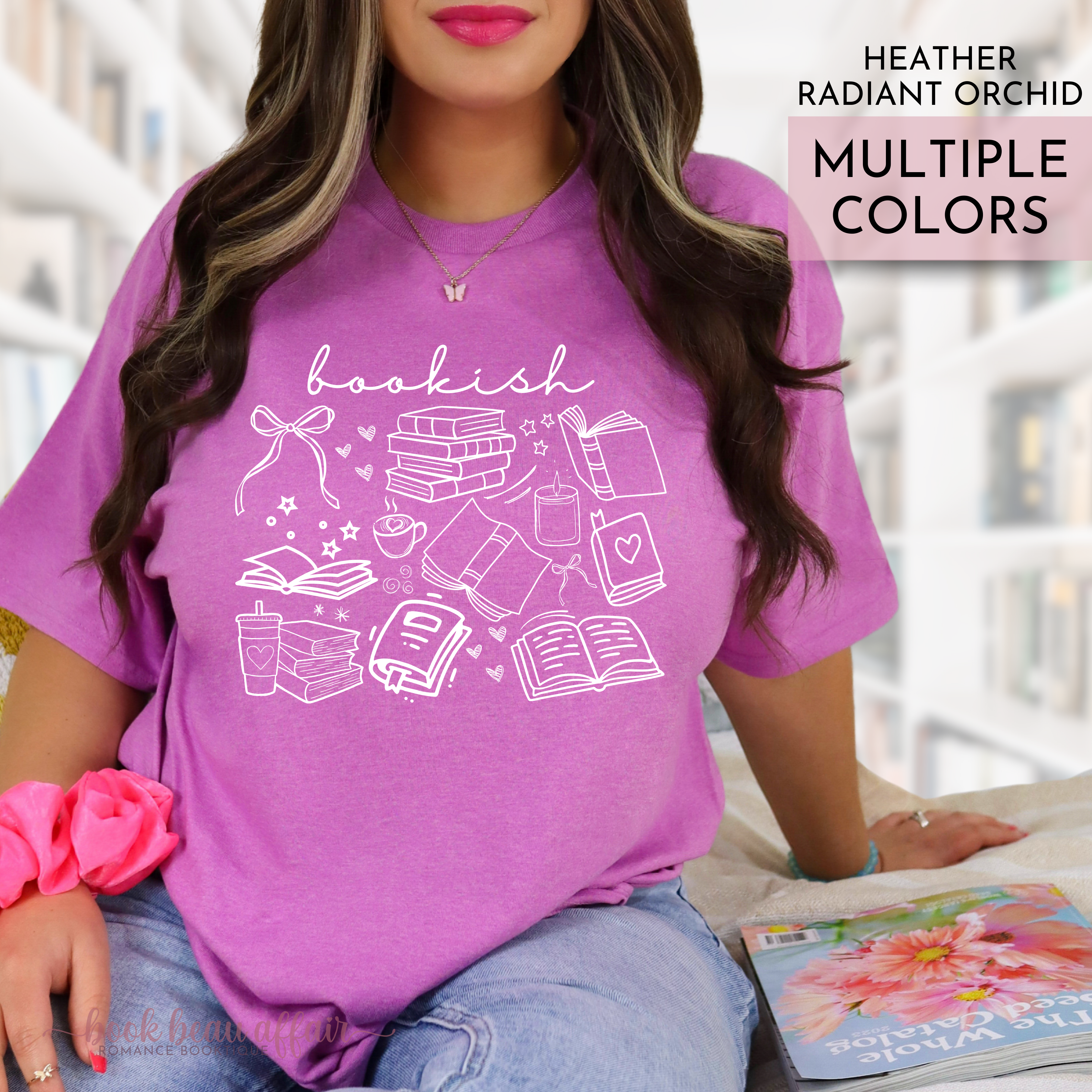 Bookish doodle t-shirt featuring hand-drawn book illustrations and "bookish" text on soft cotton tee. Heather Radiant Orchid