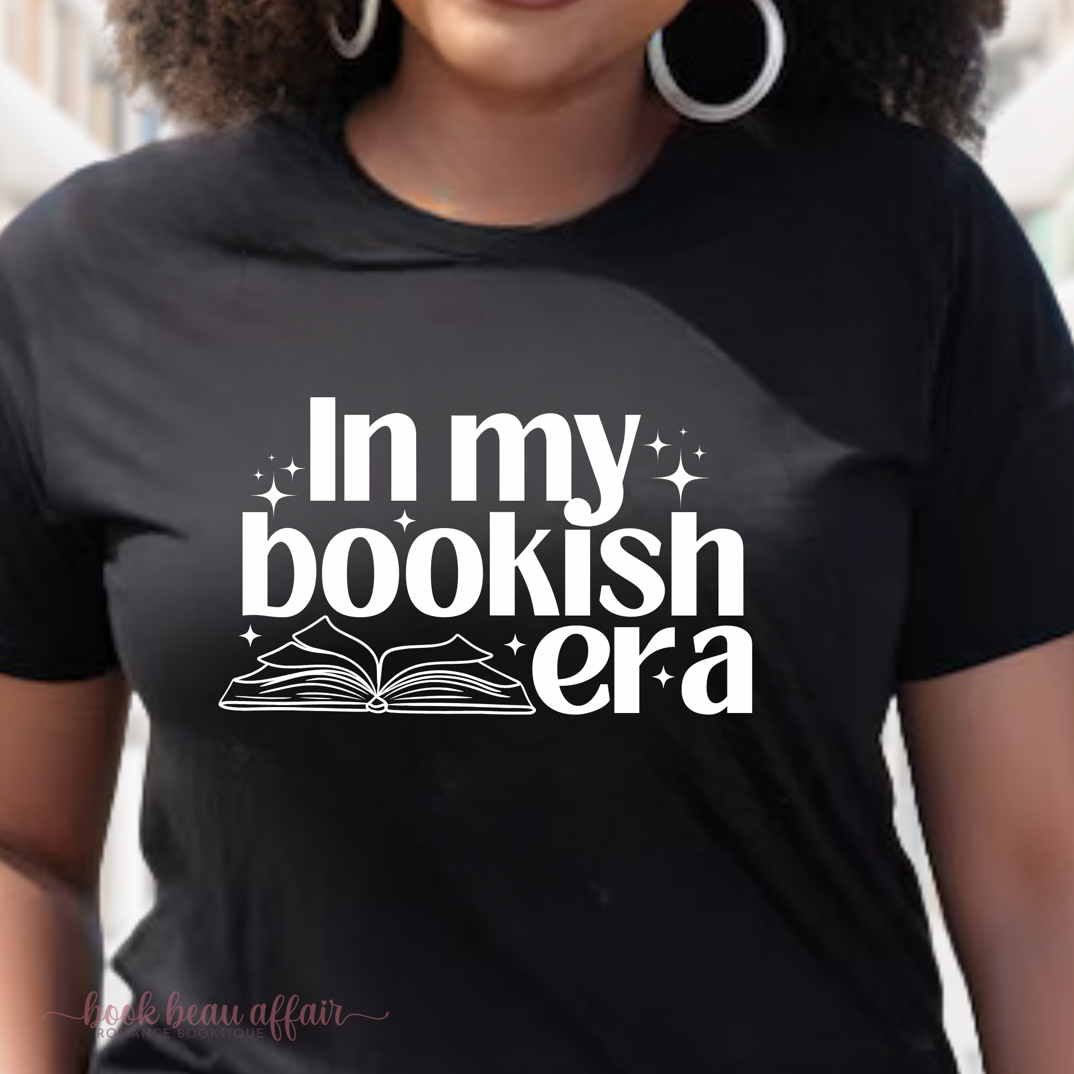 Close up of In my bookish era, bookish tee, swiftie tee, taylor swift inspired, book lover tee, black tee