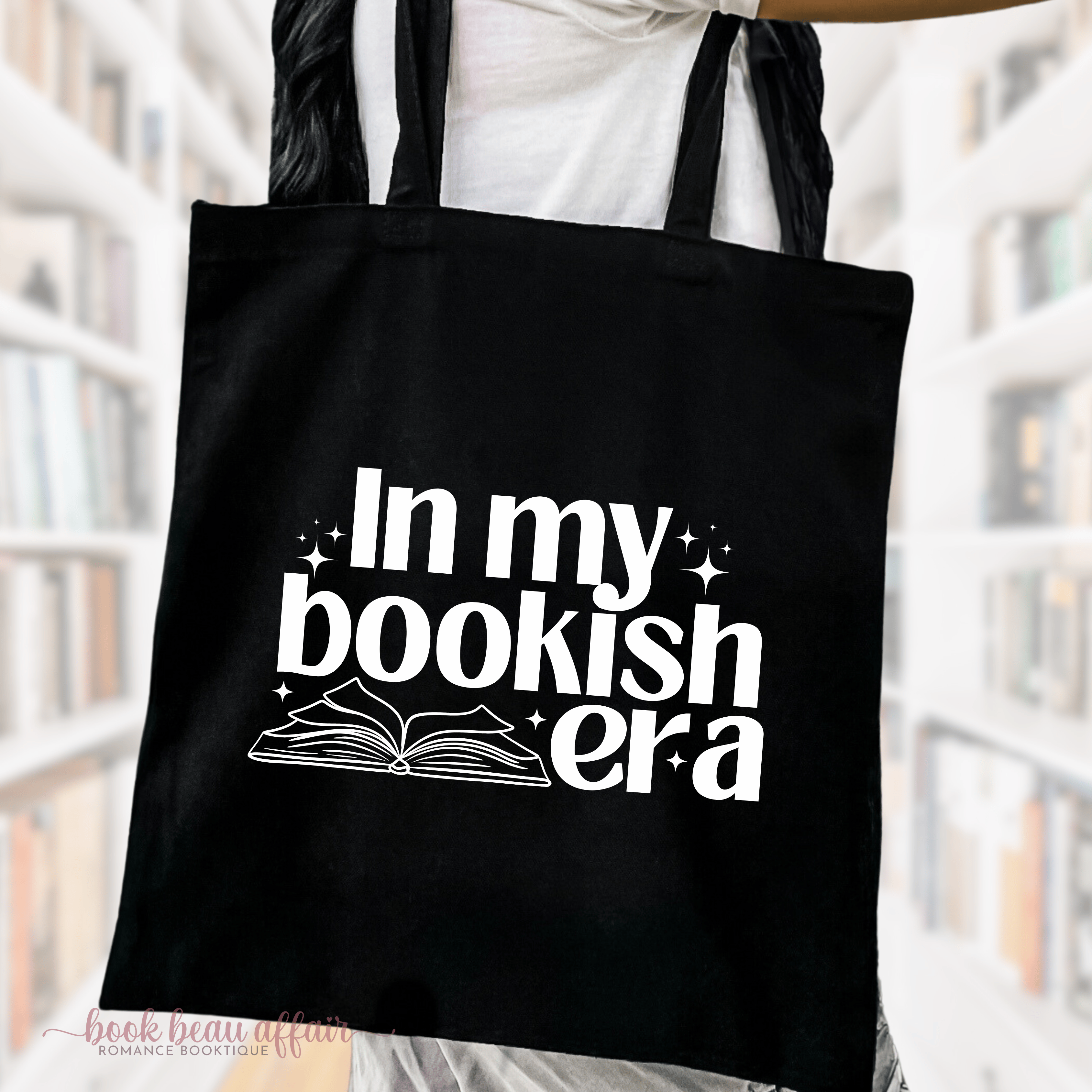 close up of In my bookish era tote bag, tote bag for books, swiftie tote bag, taylor swift fans, bookish tote, book lover tote bag