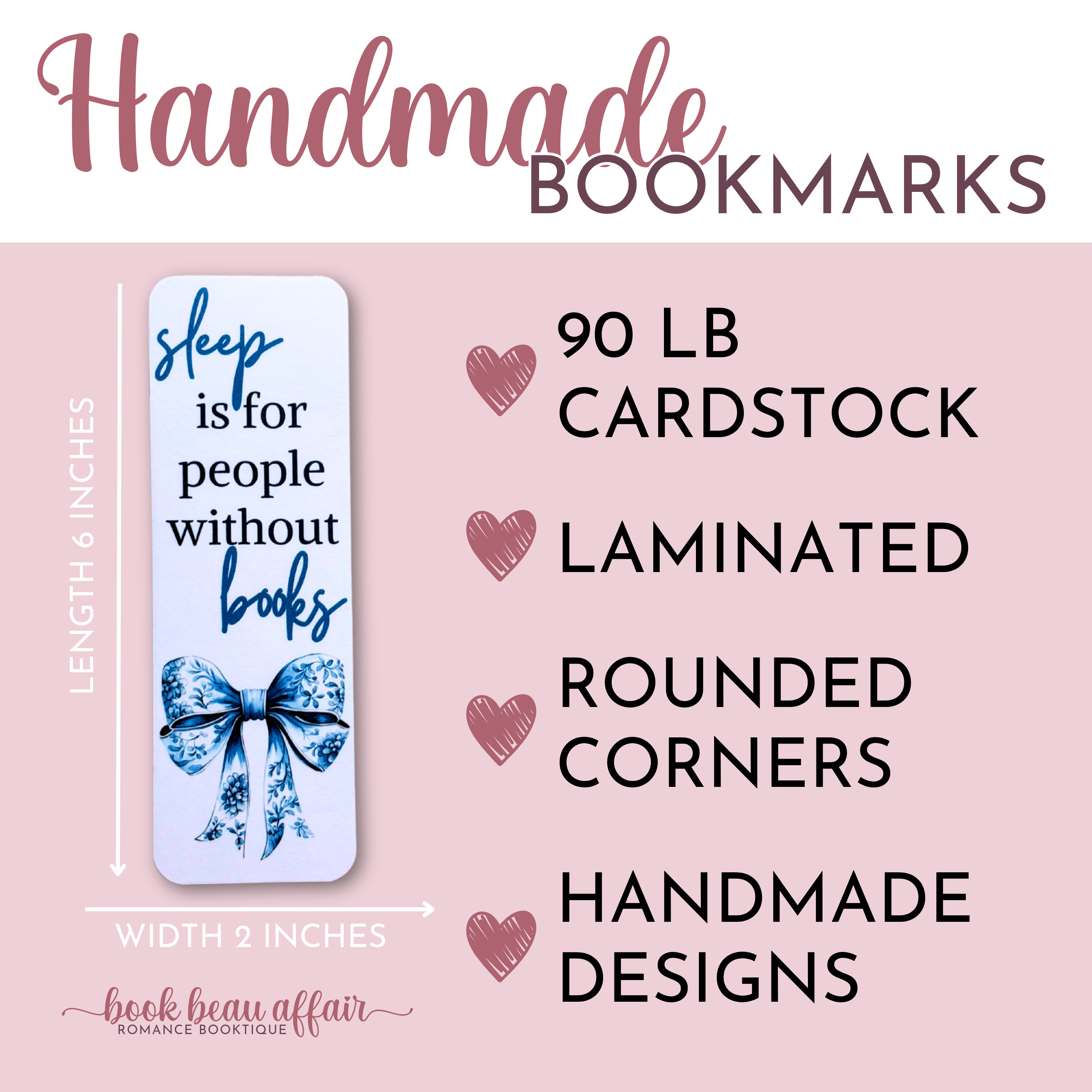Handmade bookmark with text and a bow design on a pink background with product details.