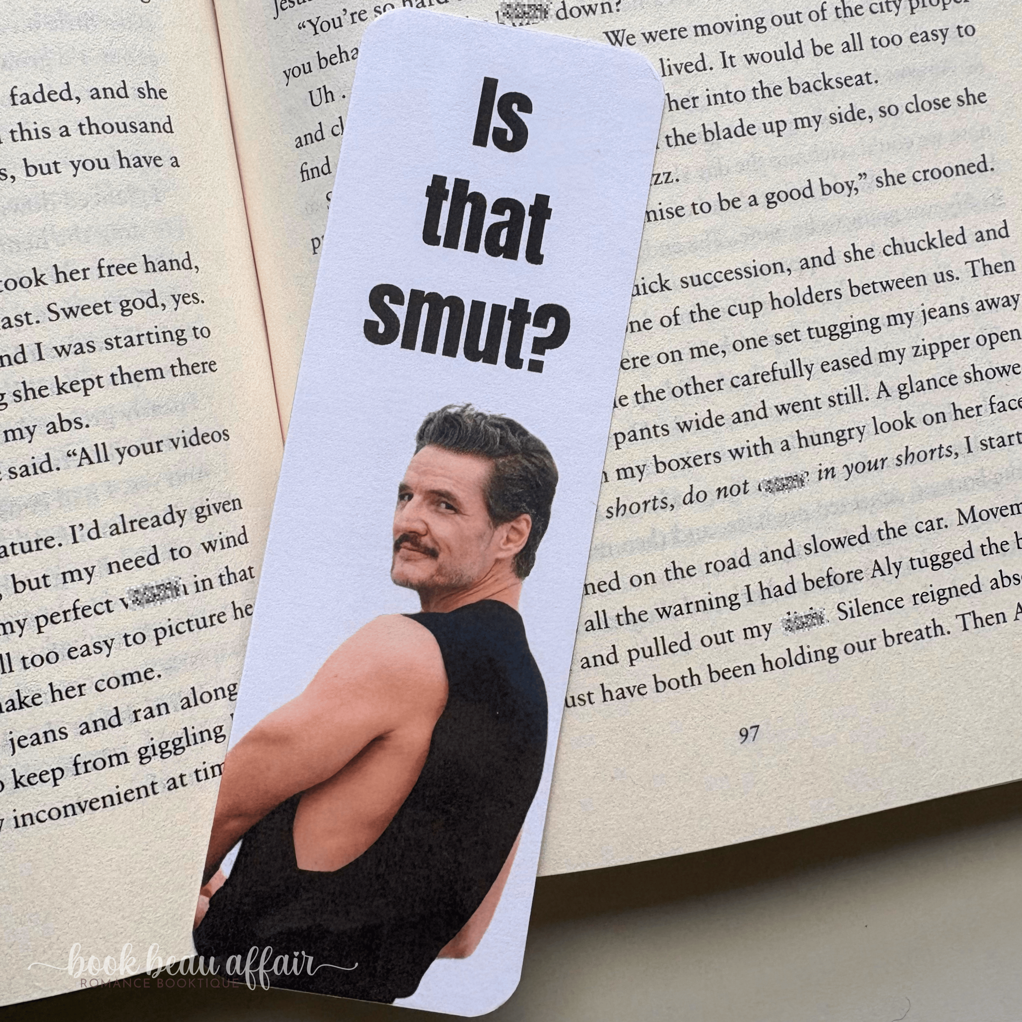 a bookmark with padro pascal on it that says is that smut?