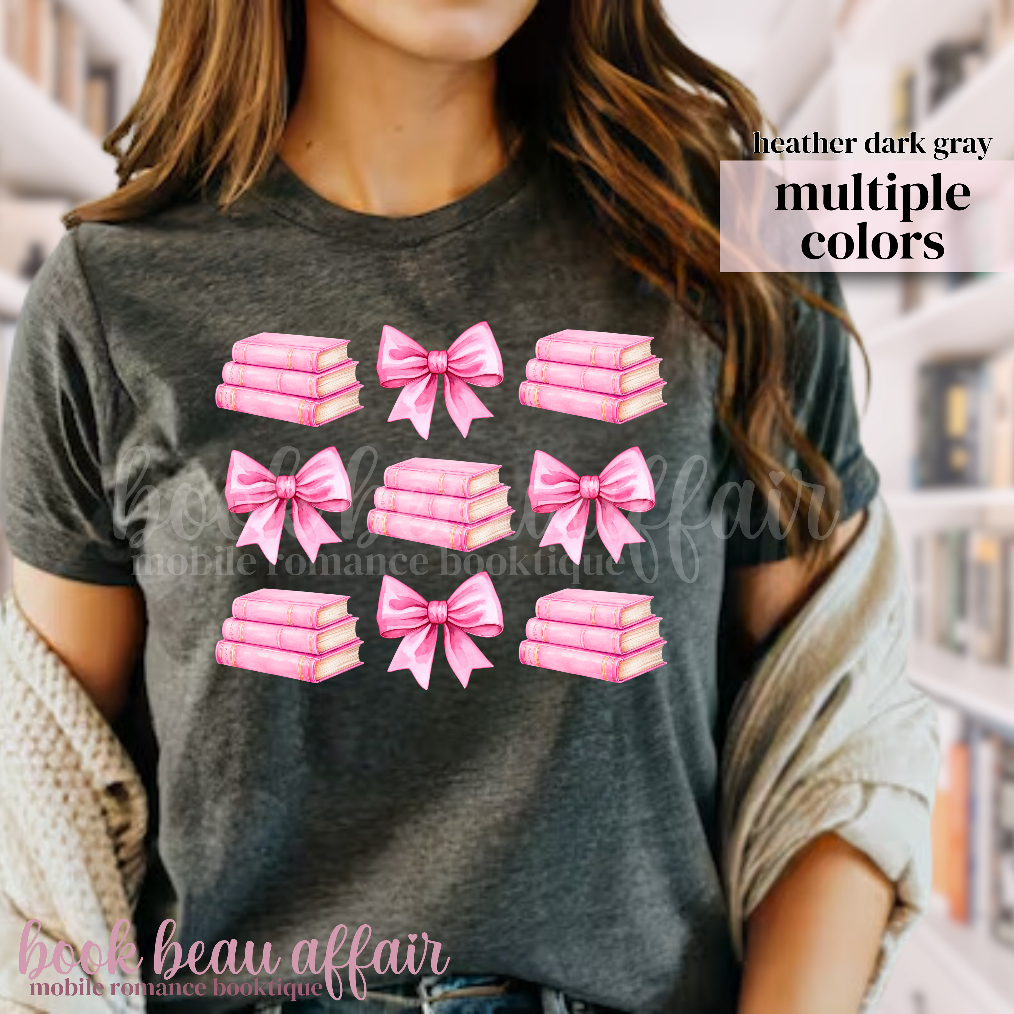 Dark Gray t-shirt with pink bows and pink stacks of books.