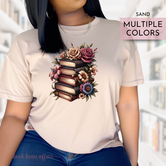 Tshirt with a stack of books and flowers, floral bookish shirt, Sand Tan