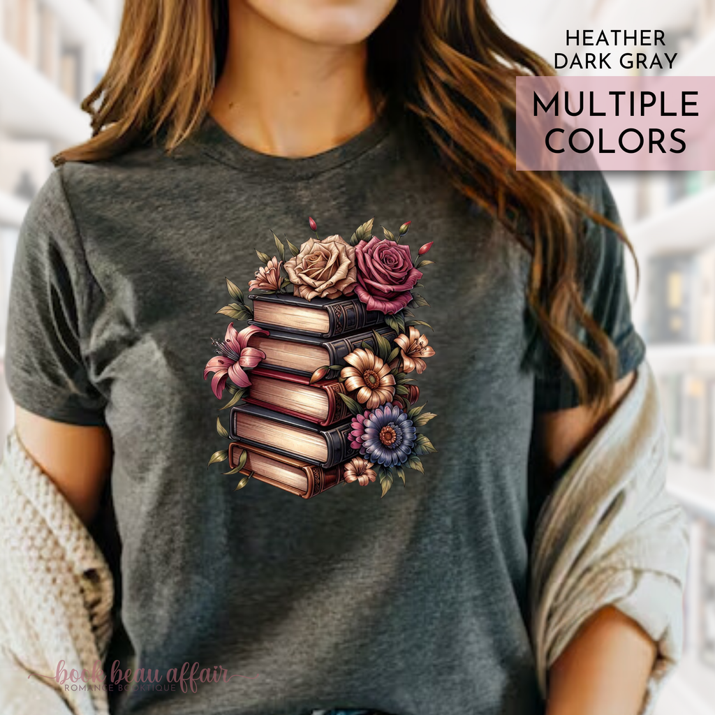 Tshirt with a stack of books and flowers, floral bookish shirt, heather dark gray