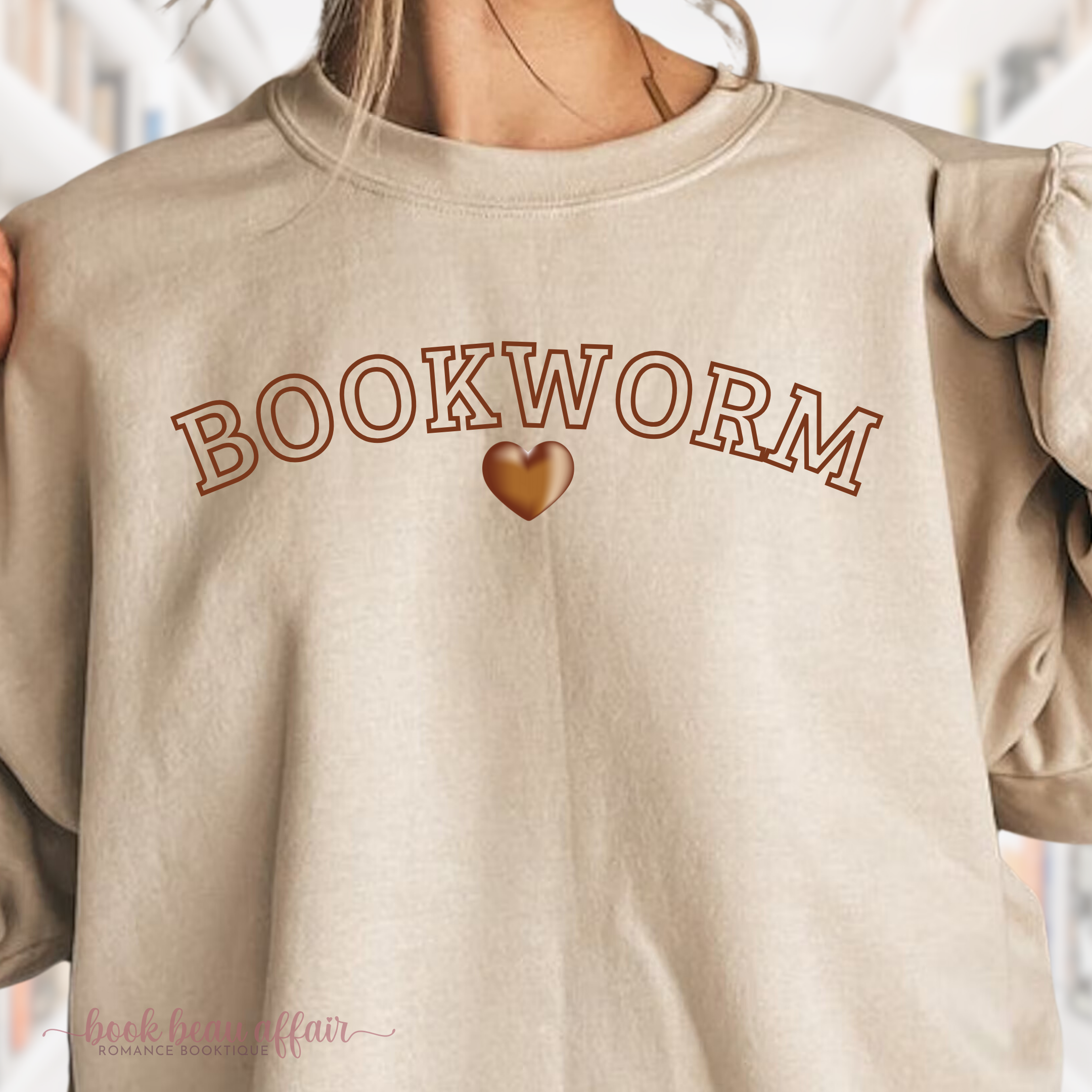 Close up of Bookworm and heart sweatshirt, crew neck bookish shirt, Sand