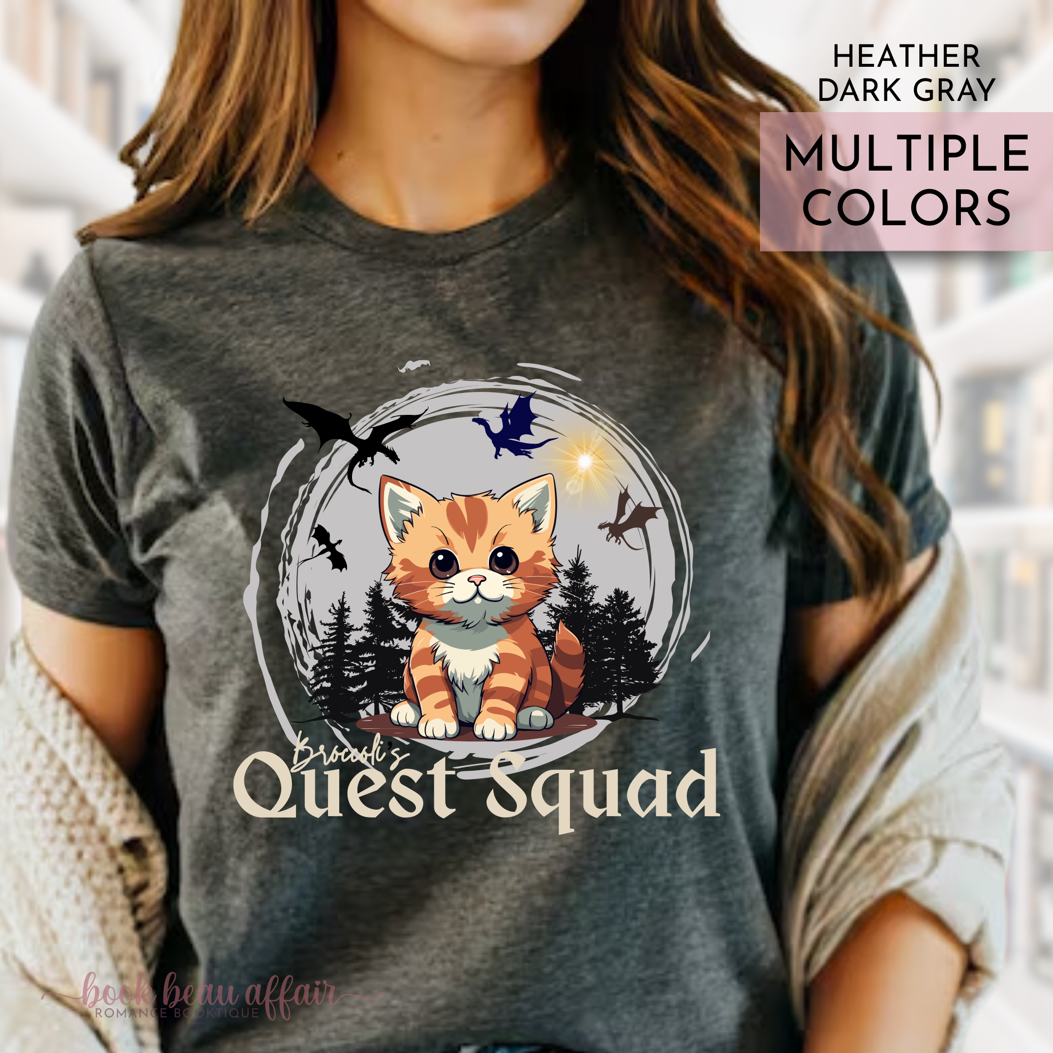 Broccoli's Quest Squad, Onyx Storm Shirt, Fourth Wing Shirt, Dragons, Dragon Rider, Xaden Riorson, Iron Flame, Cute Cat Shirt, Bookish Shirt, Heather Dark Gray