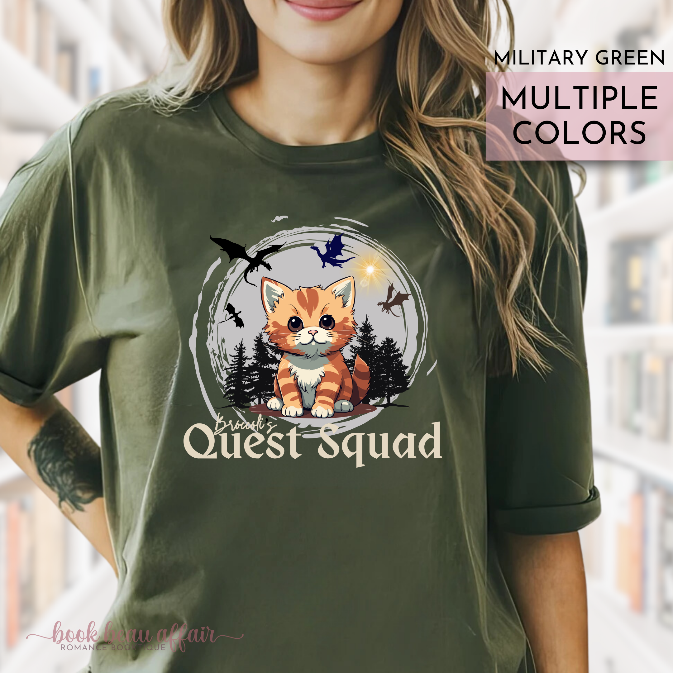 Broccoli's Quest Squad, Onyx Storm Shirt, Fourth Wing Shirt, Dragons, Dragon Rider, Xaden Riorson, Iron Flame, Cute Cat Shirt, Bookish Shirt, Military Green