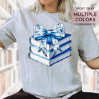 watercolor stack of books and chinoiserie floral bow on top. coquette-style bow. soft bookish tee. Sport Gray