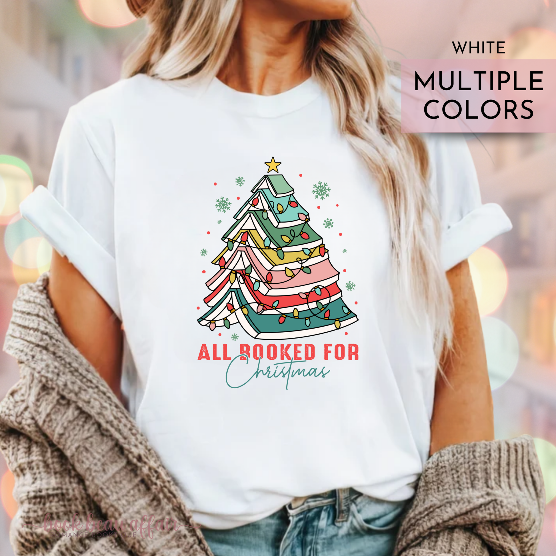 All Booked for Christmas tee, book christmas tree, christmas tree bookish shirt, christmas shirt, white