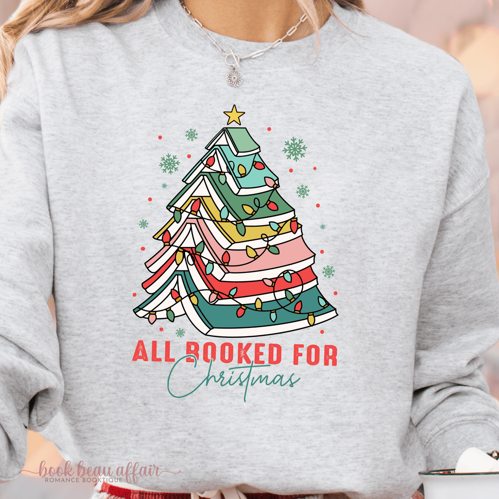 All Booked for Christmas Crew, Book Christmas Tree, Christmas Sweatshirt, Bookish Sweatshirt, Ash Gray Close up