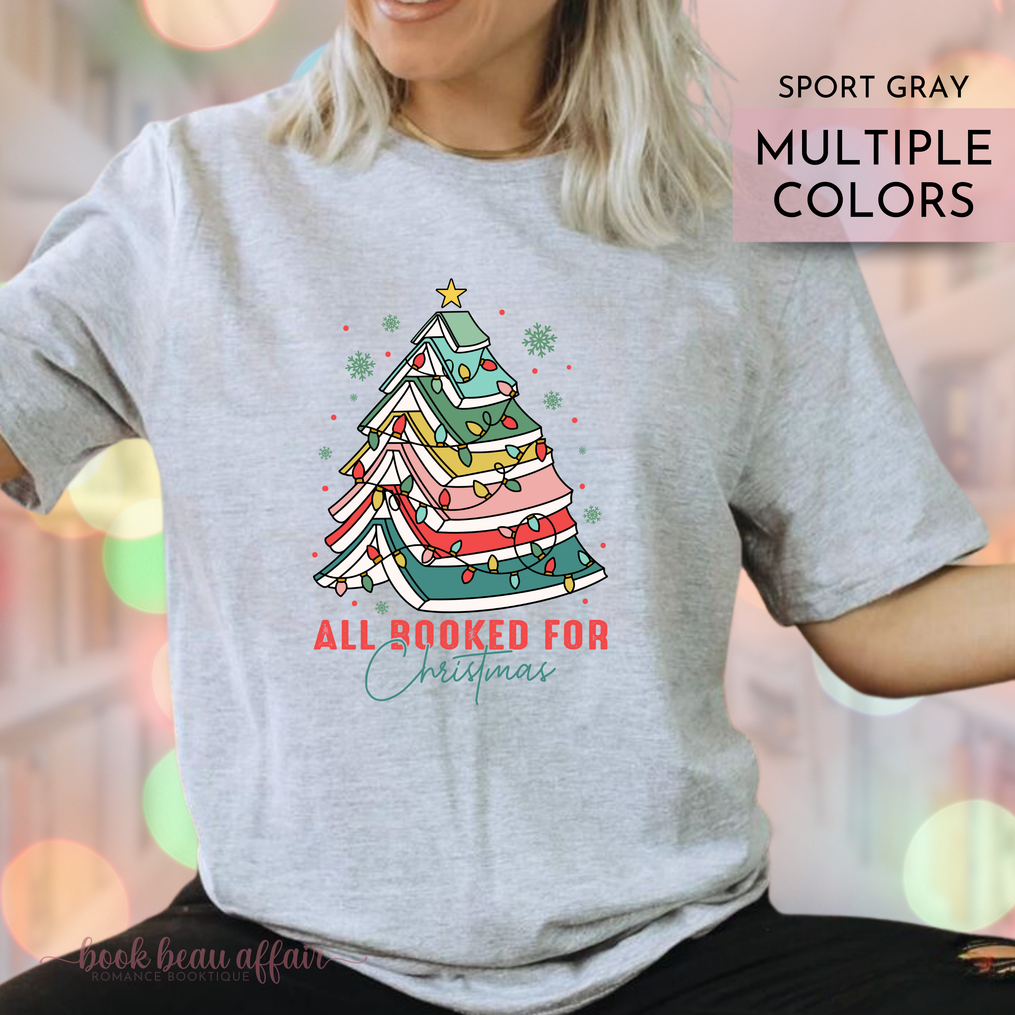 All Booked for Christmas tee, book christmas tree, christmas tree bookish shirt, christmas shirt, sport gray