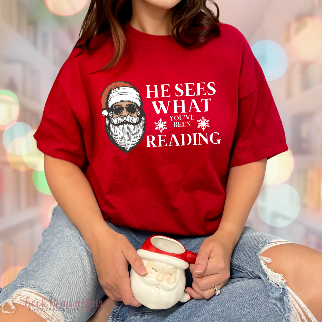 He sees what you've been reading tee, christmas tshirt, christmas book shirt, santa clause shirt, antique cherry red
