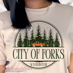 T-shirt with 'City of Forks, Washington' design featuring a red truck and trees.