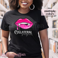 Person wearing a black t-shirt with vampire teeth graphic and text that says the Collateral Program