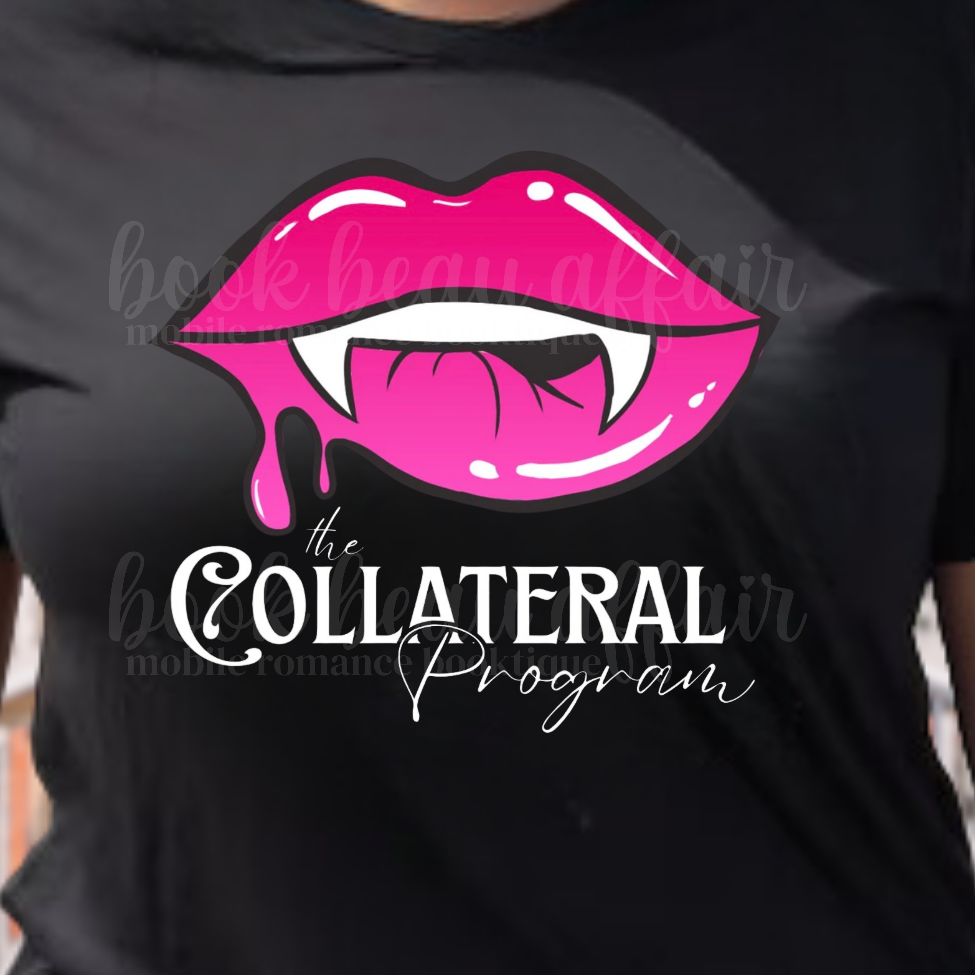 black t-shirt with vampire teeth graphic and text that says the Collateral Program