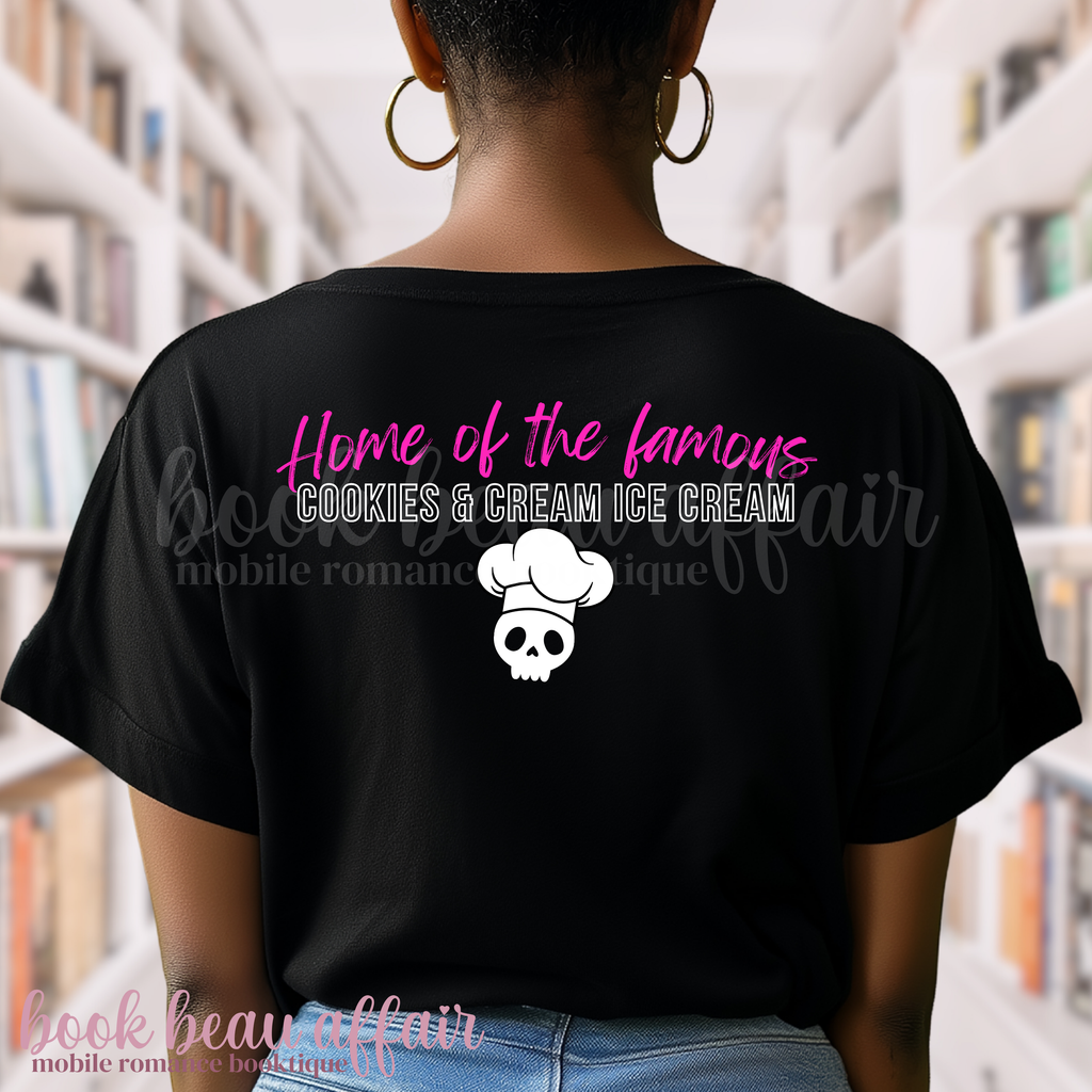 back of a black t-shirt with text that says home of the famous cookies and cream ice cream