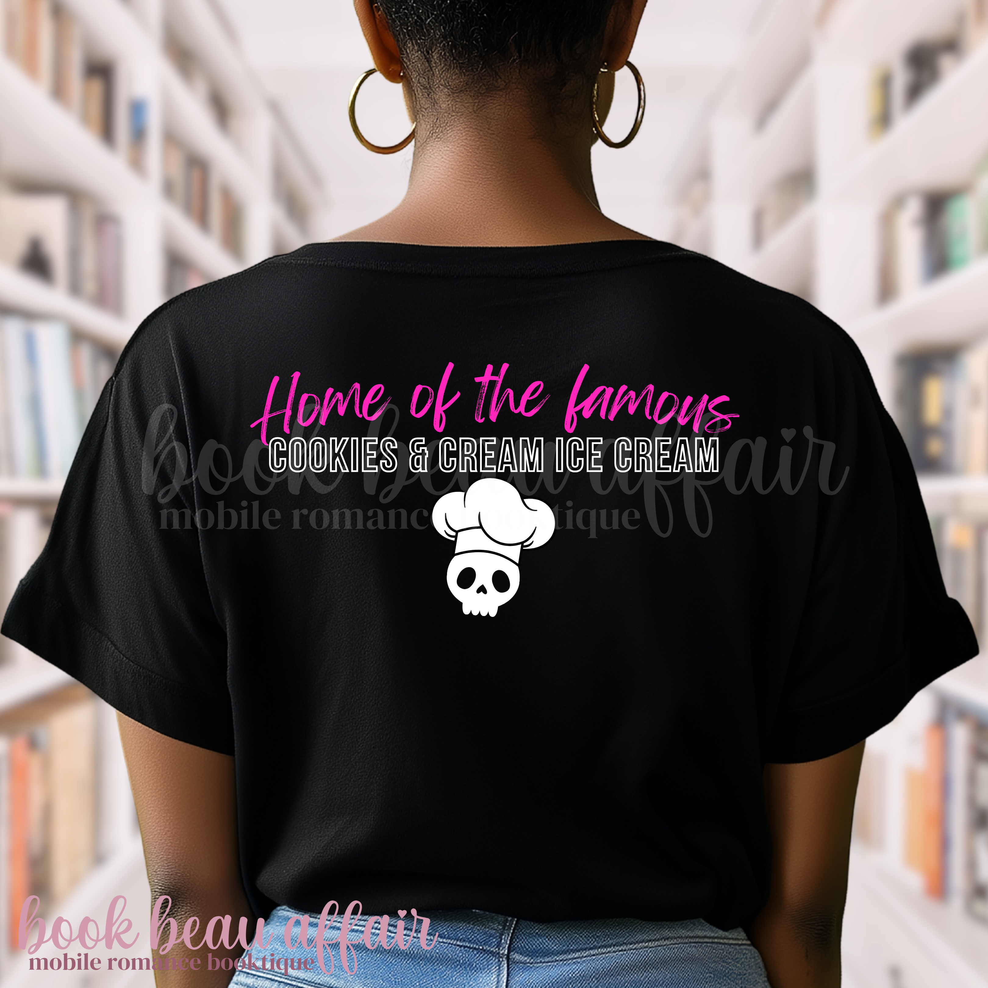 back of a black t-shirt with text that says home of the famous cookies and cream ice cream