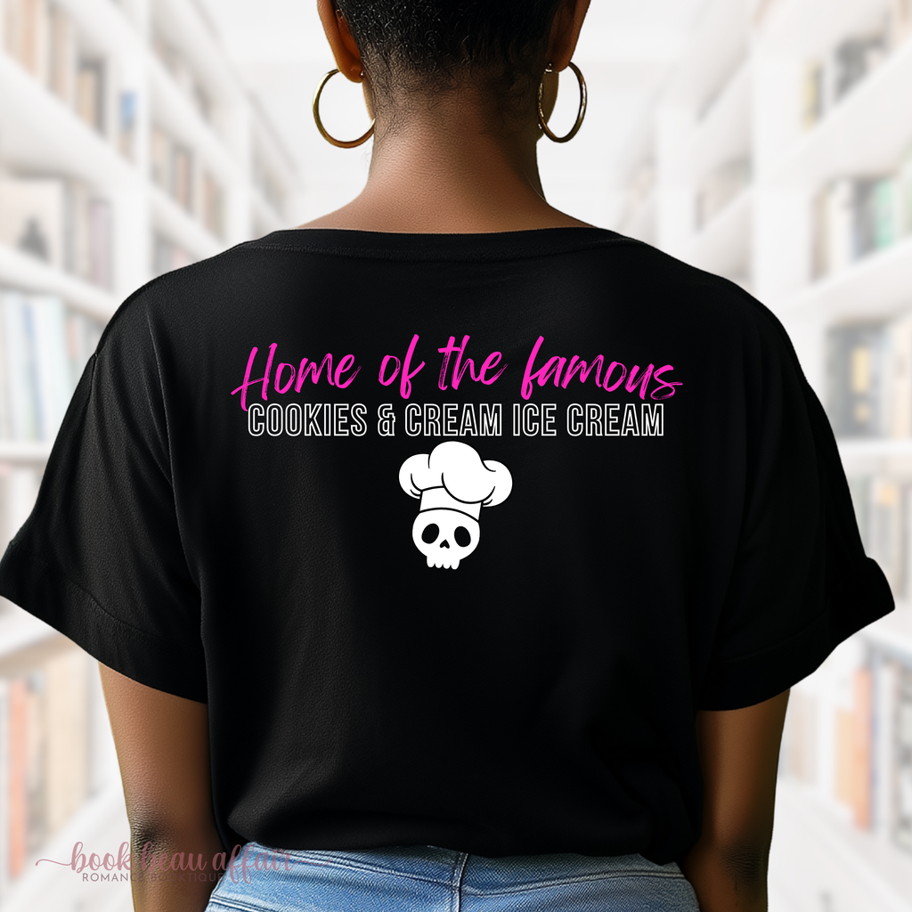 Back of David and Thorstens Creamery and Cafe, Everyones dying to eat here, home of the famous cookies and cream ice cream, butcher and blackbird tee, dark romance tee, bookish tee, front and back design, black tee