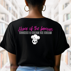 Back of David and Thorstens Creamery and Cafe, Everyones dying to eat here, home of the famous cookies and cream ice cream, butcher and blackbird tee, dark romance tee, bookish tee, front and back design, black tee