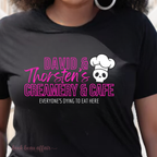 Close Up of David and Thorstens Creamery and Cafe, Everyones dying to eat here, home of the famous cookies and cream ice cream, butcher and blackbird tee, dark romance tee, bookish tee, front and back design, black tee