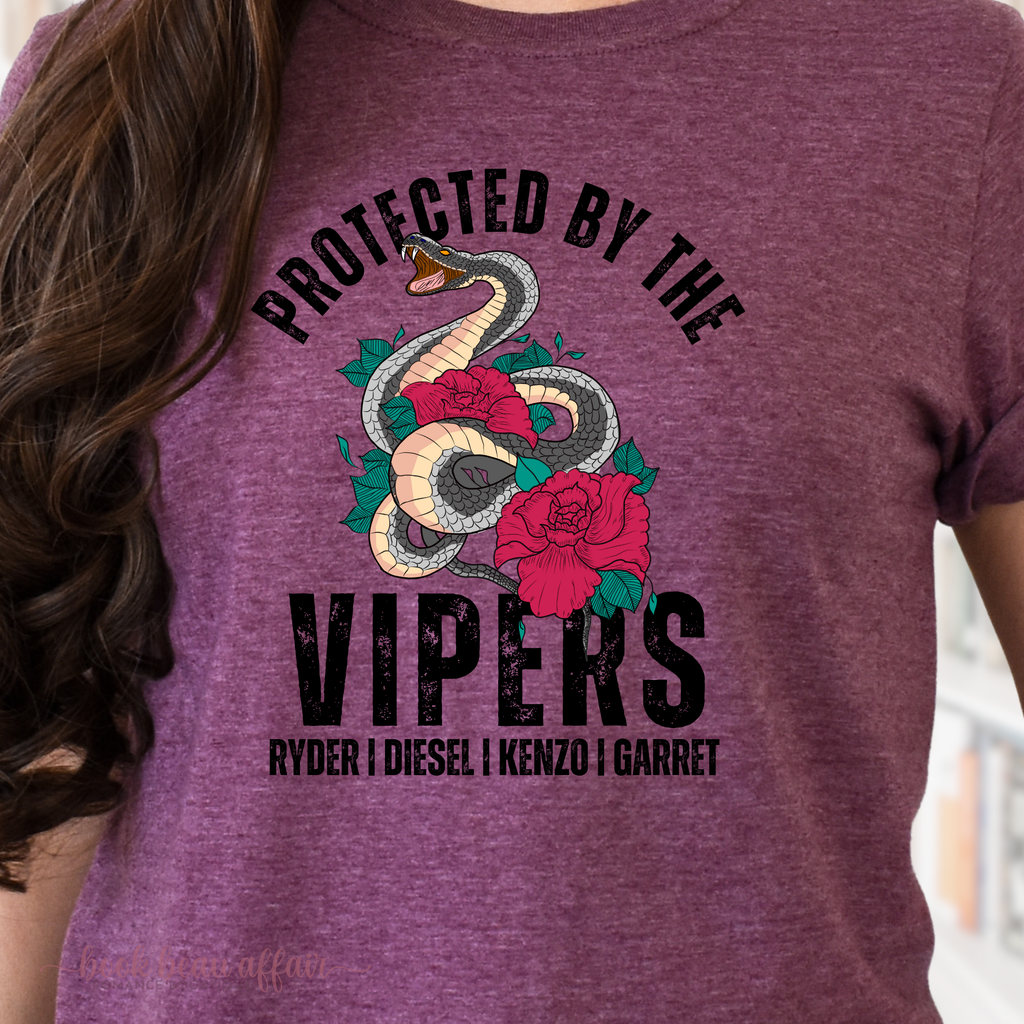 close up Protected By the Vipers Ryder Diesel Kenzo Garret, Den of Vipers, Bookish shirt Dark Romance, Mafia Romance, Heather Maroon