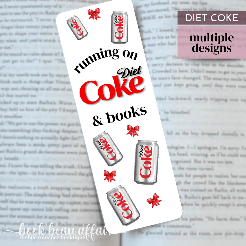 Bookmark with Diet Coke can designs on a book page, featuring the text 'running on Diet Coke & books'.