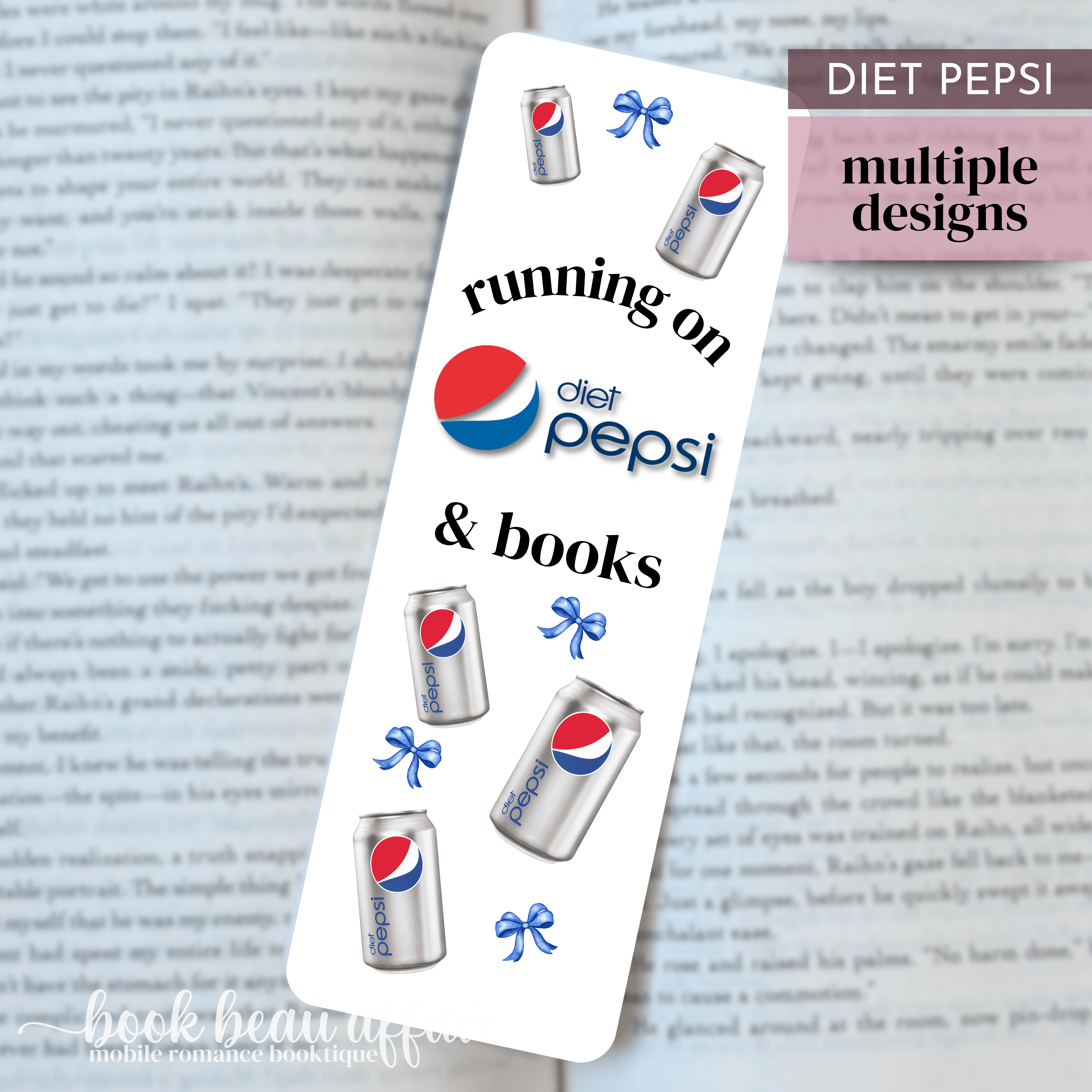 Bookmark with Diet Pepsi cans and text 'running on diet Pepsi & books' on a book page.