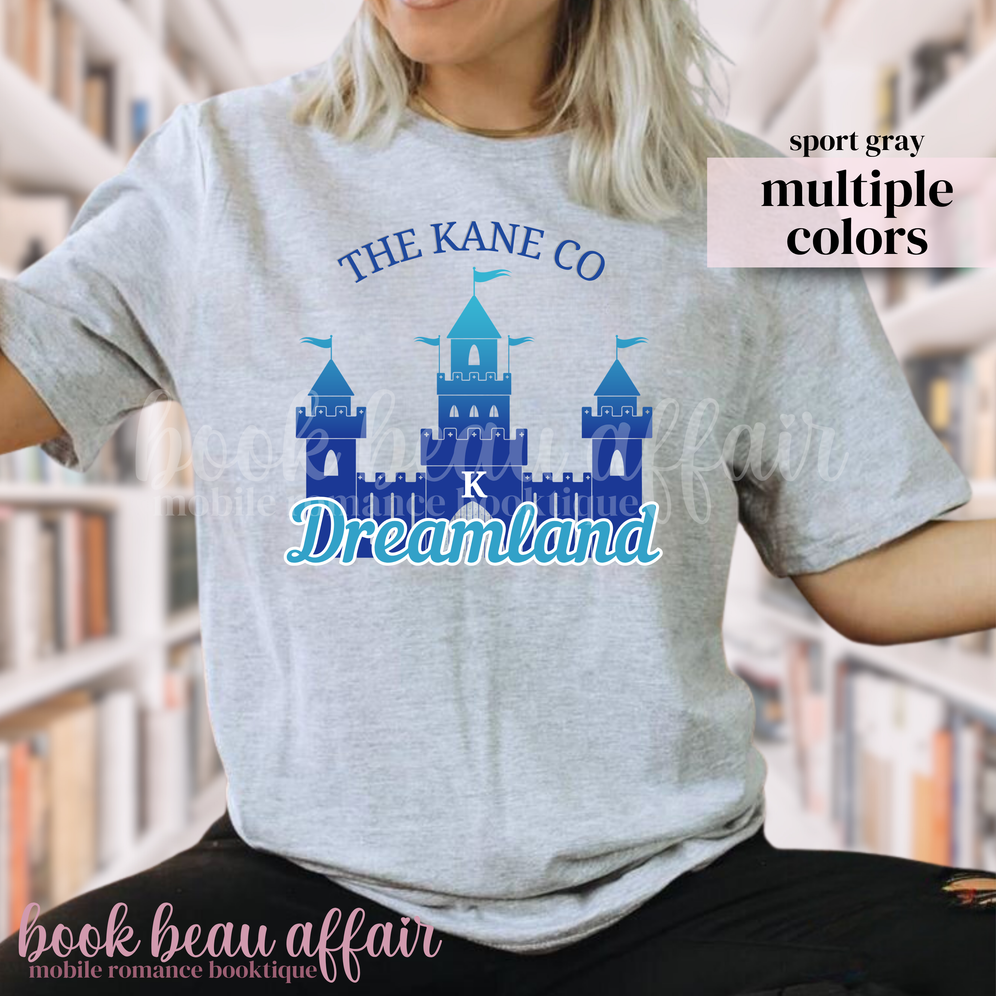 Gray t-shirt with a blue castle and text that says "The Kane Co Dreamland"