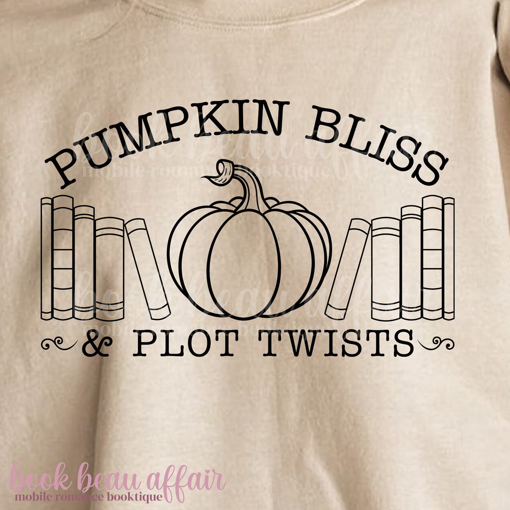 Beige t-shirt with 'Pumpkin Bliss & Plot Twists' text and pumpkin graphic on a beige background.
