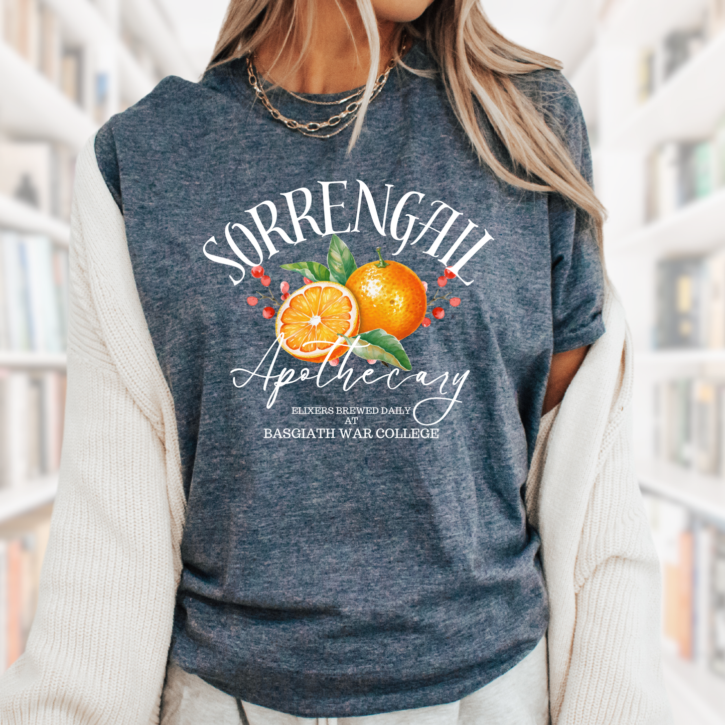 Sorrengail Apothecary Shirt, Elixers Brewed Daily at Basgiath War College, Fourth Wing Shirt, Xaden Riorson, Violet Sorrengail, Violence Apothecary, Bookish shirt, Heather Navy  BLUE