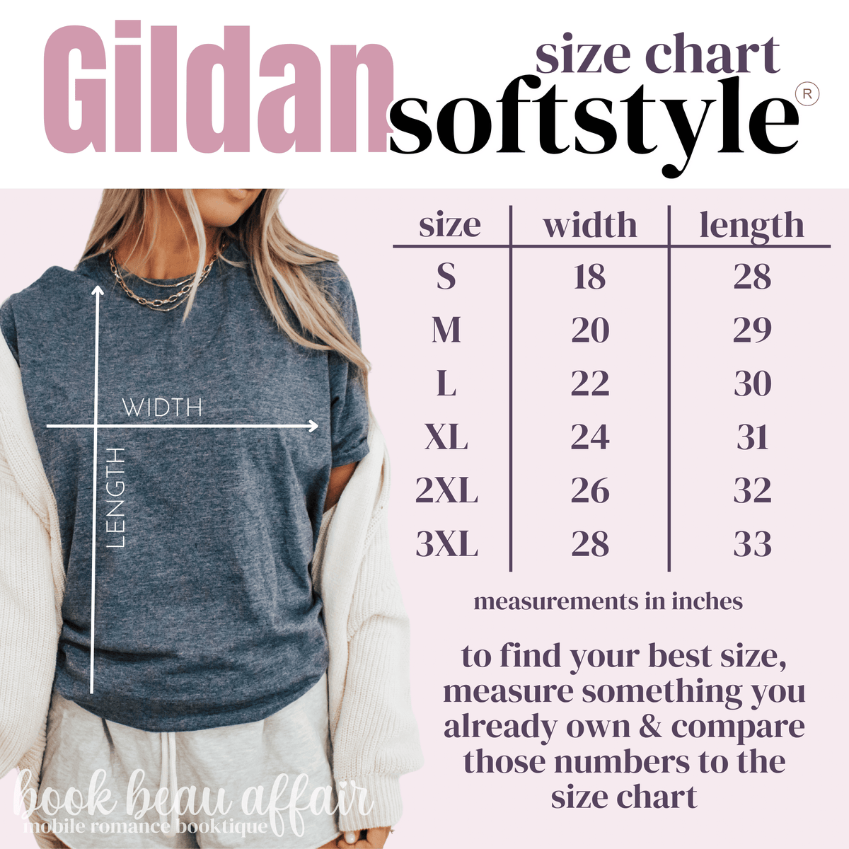 A size chart graphic for the Gildan Softstyle t-shirt, showing a model wearing a heathered blue-gray t-shirt with a measurement overlay indicating width and length, alongside a size table from S to 3XL in inches.
