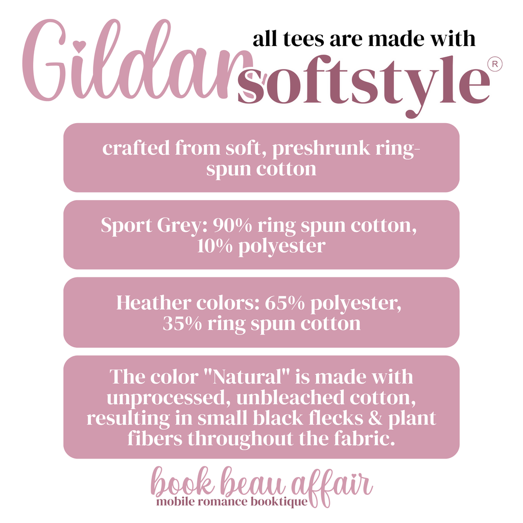 Information about Gildan Softstyle tees on a pink background with text details.