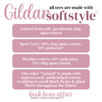 Information about Gildan Softstyle tees on a pink background with text details.